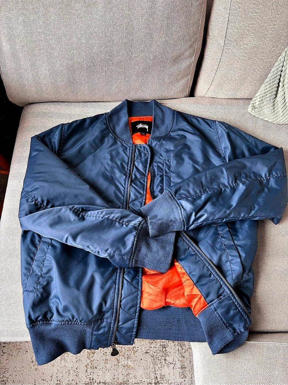 Stussy Blue MA-1 Flight Bomber Jacket | Orange Quilted Lining